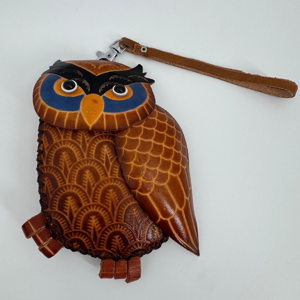 Hand Tooled Leather Owl Coin Purse Wristlet Brown Boho Artisan Small Pouch